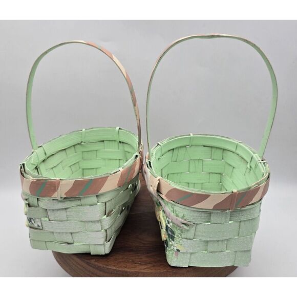 2 Vintage Mint Pink Painted Small Easter Basket Chicks Eggs Stripes Bow - Picture 11 of 12